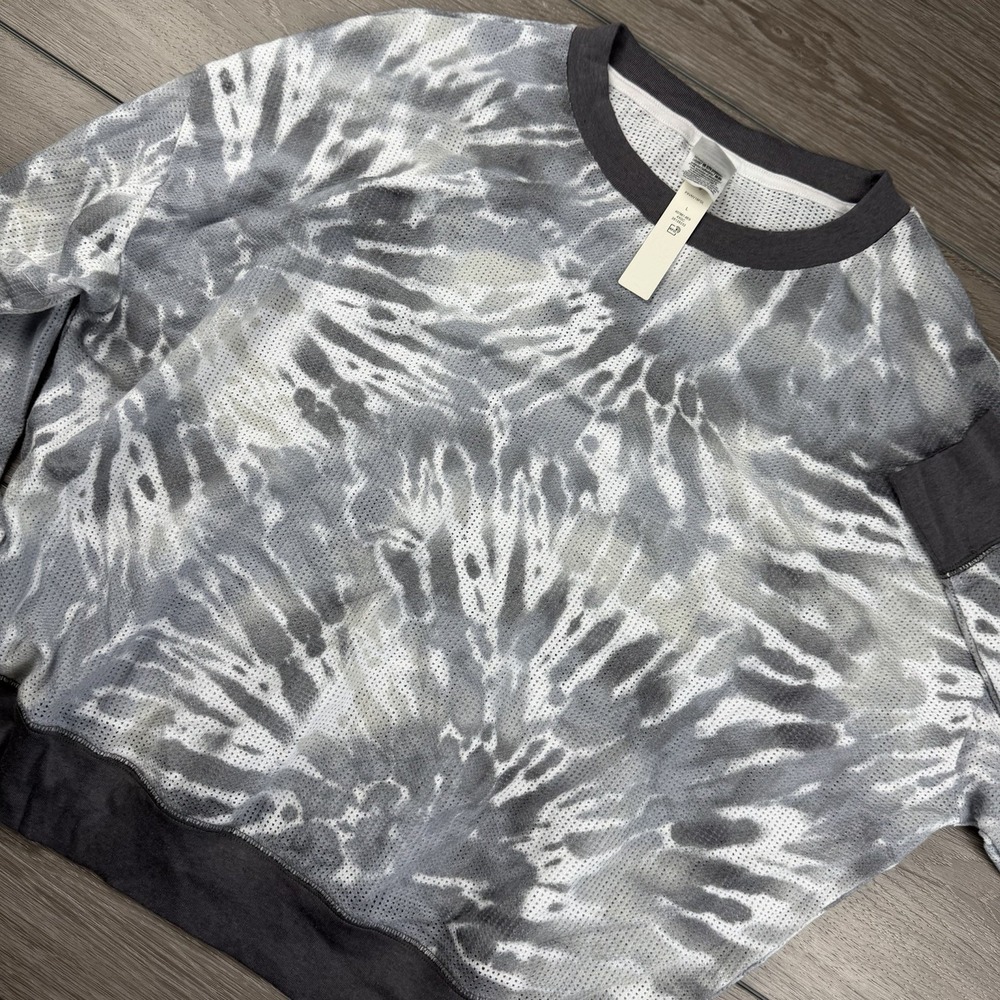 Victorias Secret Pink Women's Long Sleeve Tie Dye Mesh Top Grey White Large New